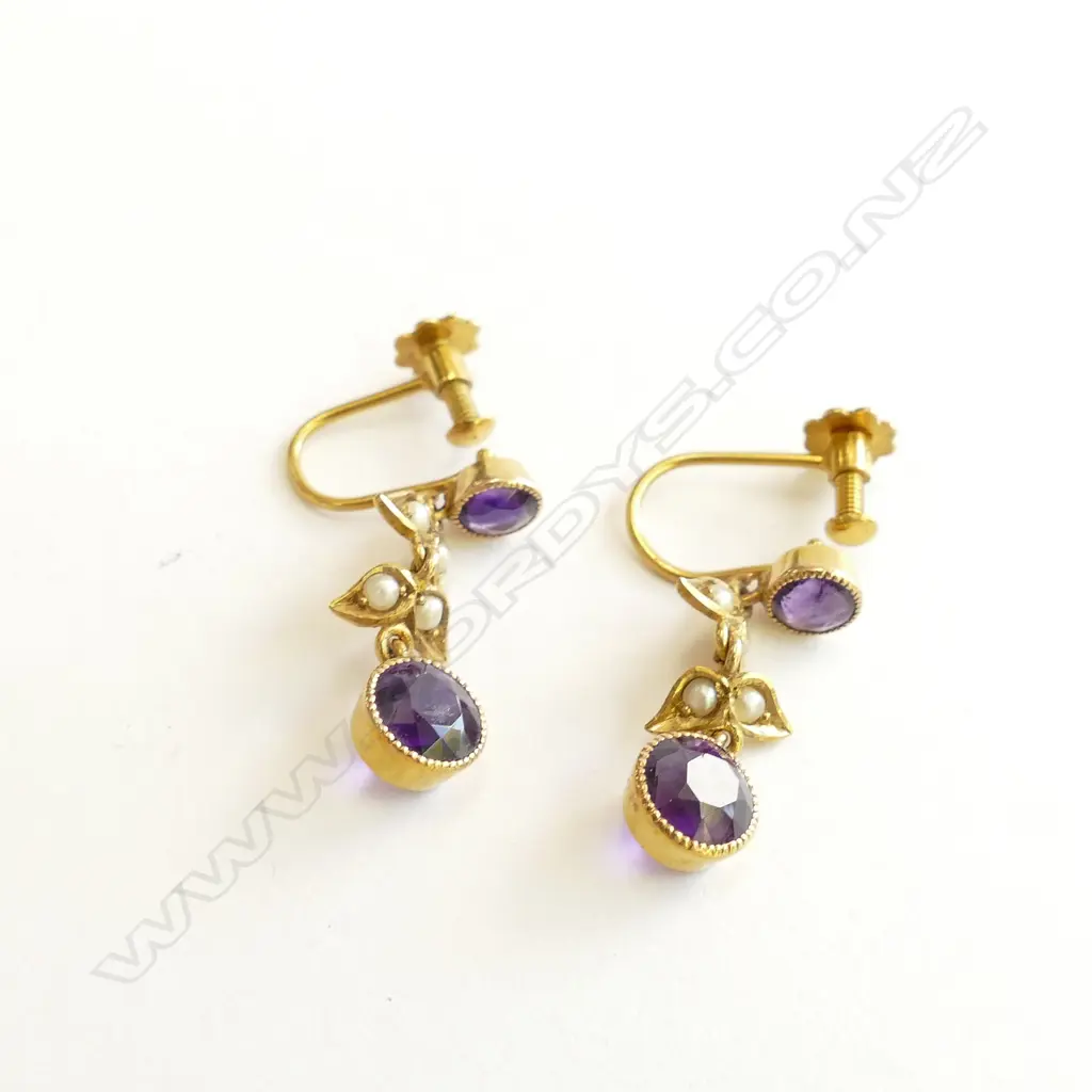 14CT GOLD PEARL & AMETHYST EARRINGS Image 1++