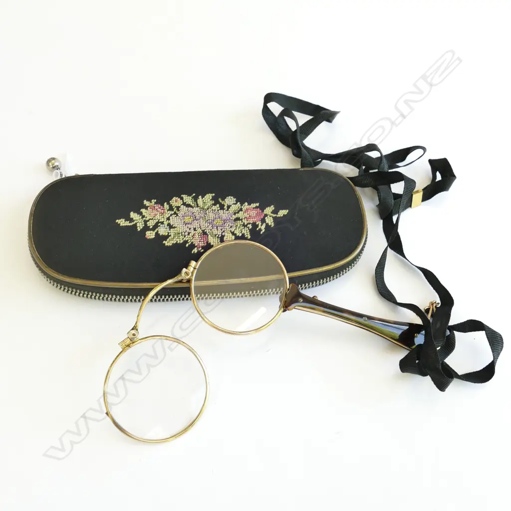 14CT GOLD PLATED LORGNETTE WITH RIBBON AND IN PETIT POINT CASE Image 1++