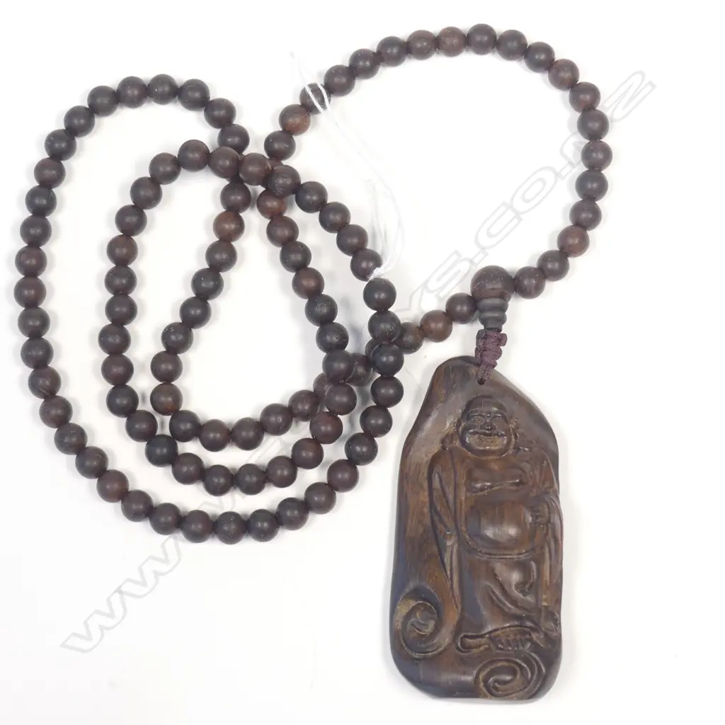 CHINESE AGARWOOD CARVED LAUGHING BUDDHA BEADED CHAIN Image 1++