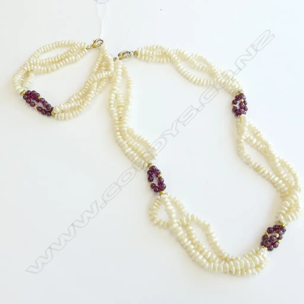 WHITE FRESH WATER PEARL/GARNET TWISTED NECKLACE WITH MATCHING BRACELET Image 1++
