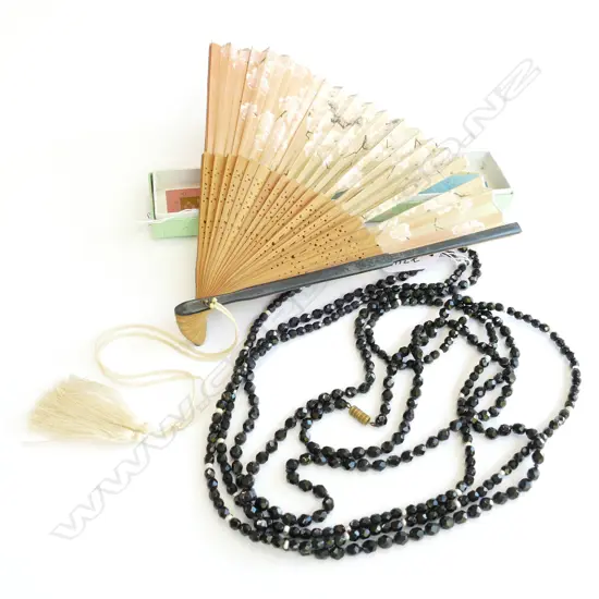 2 X BLACK BEAD NECKLACES/ FAN IN BOX A.F.
