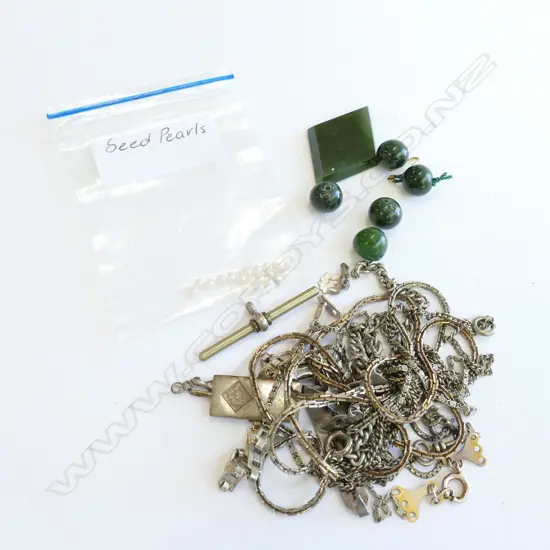GREENSTONE BEADS/SEED PEARLS/ SILVER?PIECES AF