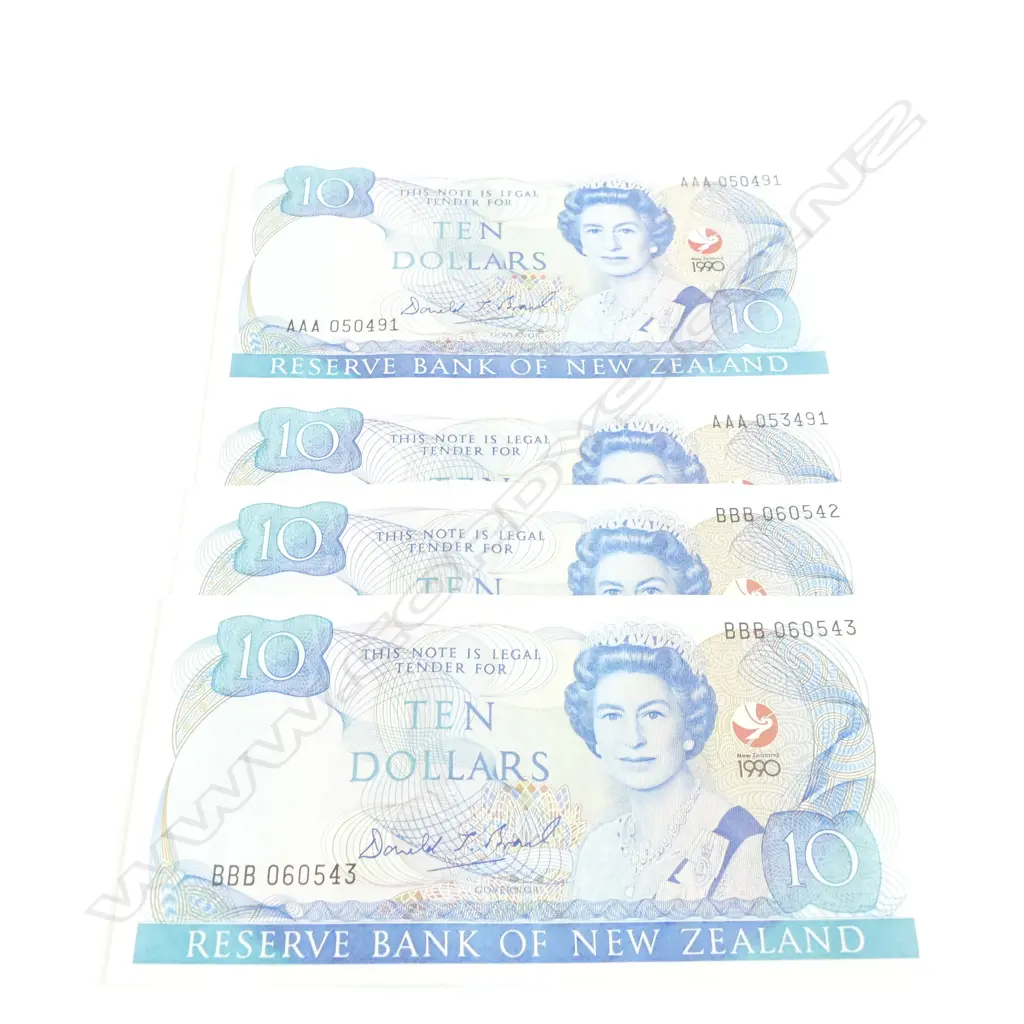 4 NZ 1990 $10 BANK NOTES INCLS 1 JOINED PAIR Image 1++