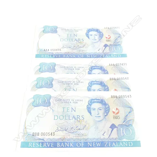 4 NZ 1990 $10 BANK NOTES INCLS 1 JOINED PAIR