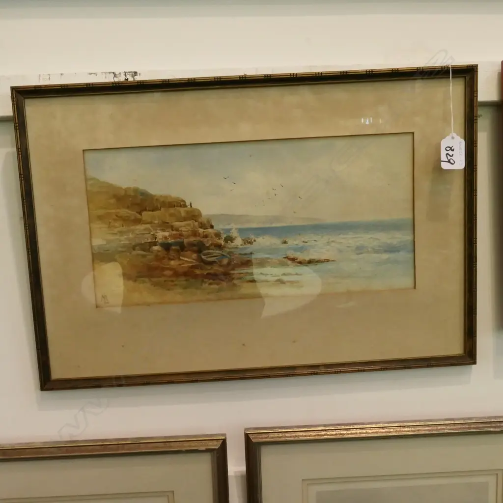 WATERCOLOUR, ARTIST UNKOWN? SIGNED "ML", BOAT BY CLIFF, H.165 X 340 Image 1++