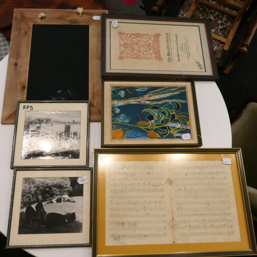 2 FRAMED PHOTOS, MUSIC SCORE, EVENT POSTER, BLACKBOARD & UNKNOWN ARTIST ACRYLIC (6) Image 1++
