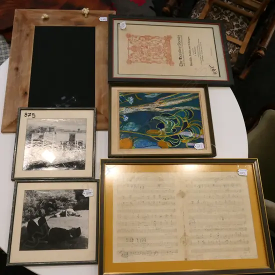2 FRAMED PHOTOS, MUSIC SCORE, EVENT POSTER, BLACKBOARD & UNKNOWN ARTIST ACRYLIC (6)