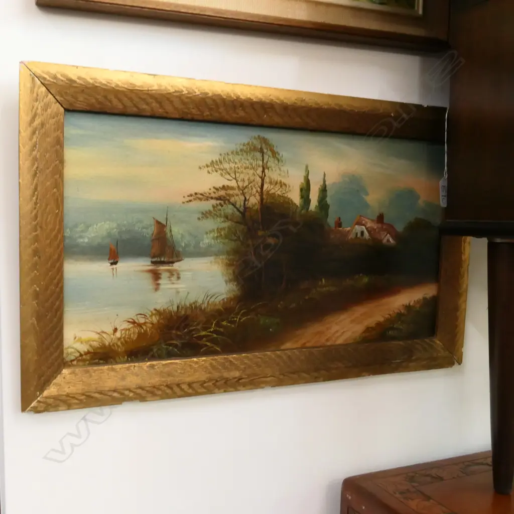 ARTIST UNKNOWN, ENGLISH OIL ON BOARD, LAKE SCENE- LANDSCAPE Image 1++