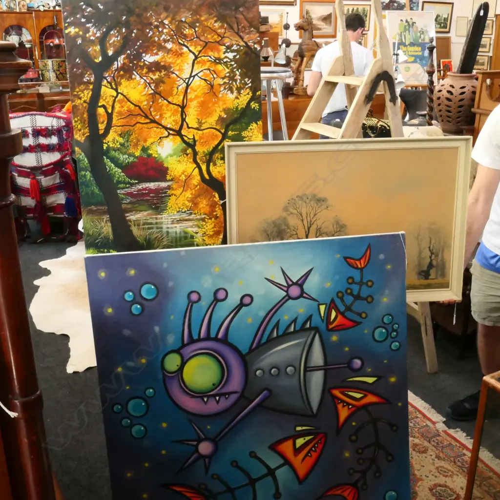 TWO CANVAS PAINTINGS + FRAMED PRINT Image 1++