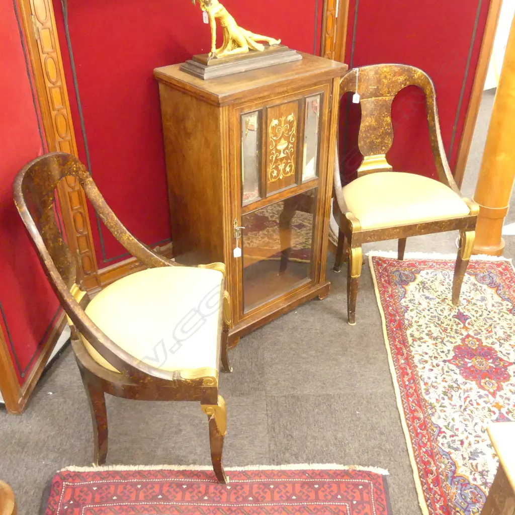 PAIR EMPIRE STYLE LACQUER GILT CHAIRS 870MM H 500MM W Image 1++