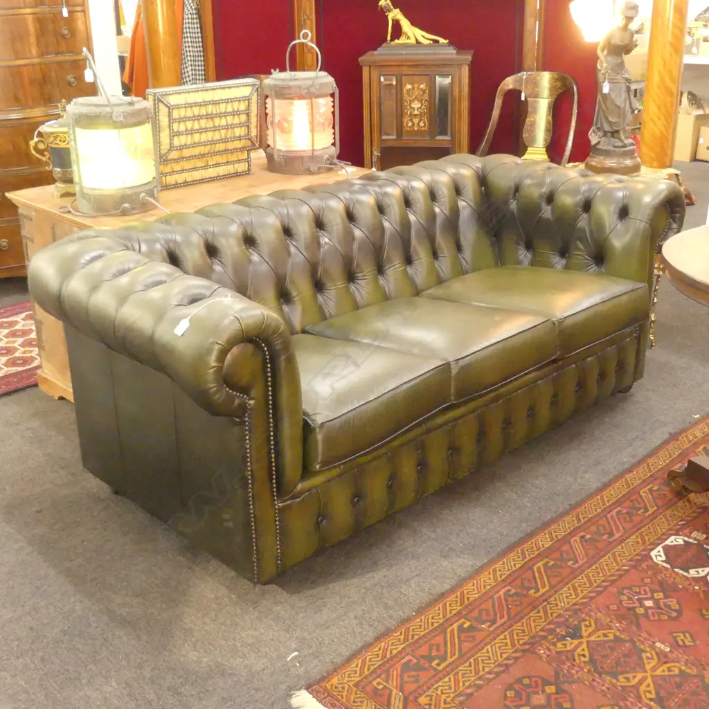 GREEN LEATHER BUTTONED BACKED ROLL ARM SOFA L 1800 MM SOME SCRATCHES Image 1++