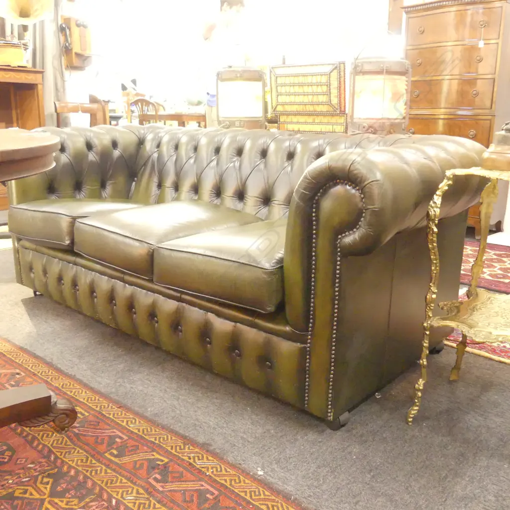 GREEN LEATHER BUTTONED BACKED ROLL ARM SOFA L 1800 MM SOME SCRATCHES Image 1++