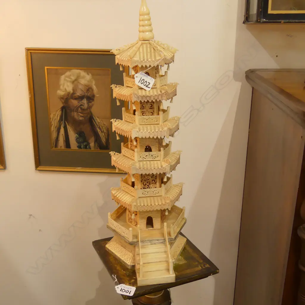 TALL OLD CARVED BONE PAGODA TEMPLE... Image 1++