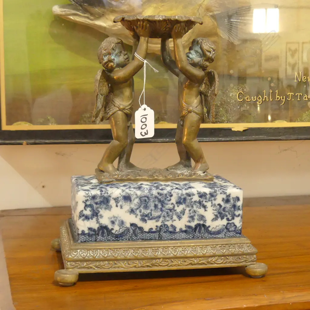 MANTEL GARNITURE PAIR BRONZE CHERUBS ON DELFT BASE 280MM H Image 1++