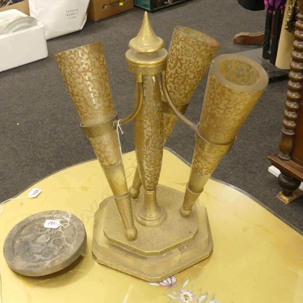 ART DECO QUALITY BRONZE & HEAVY ETCHED GLASS TABLE EPERGNE H. 520MM Image 1++