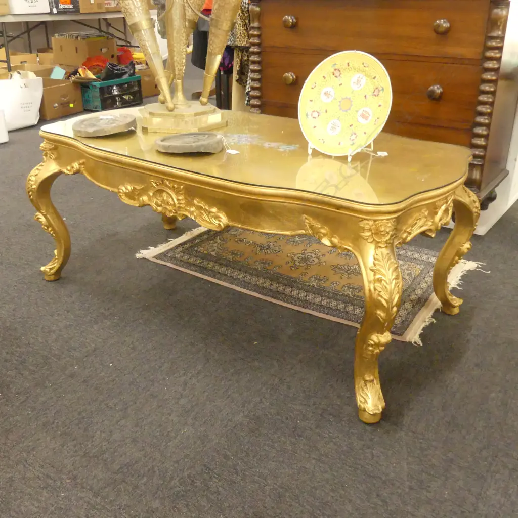 GOLD COFFEE TABLE W/ FLORAL PAINTED DECORATION W. 1230MM Image 1++