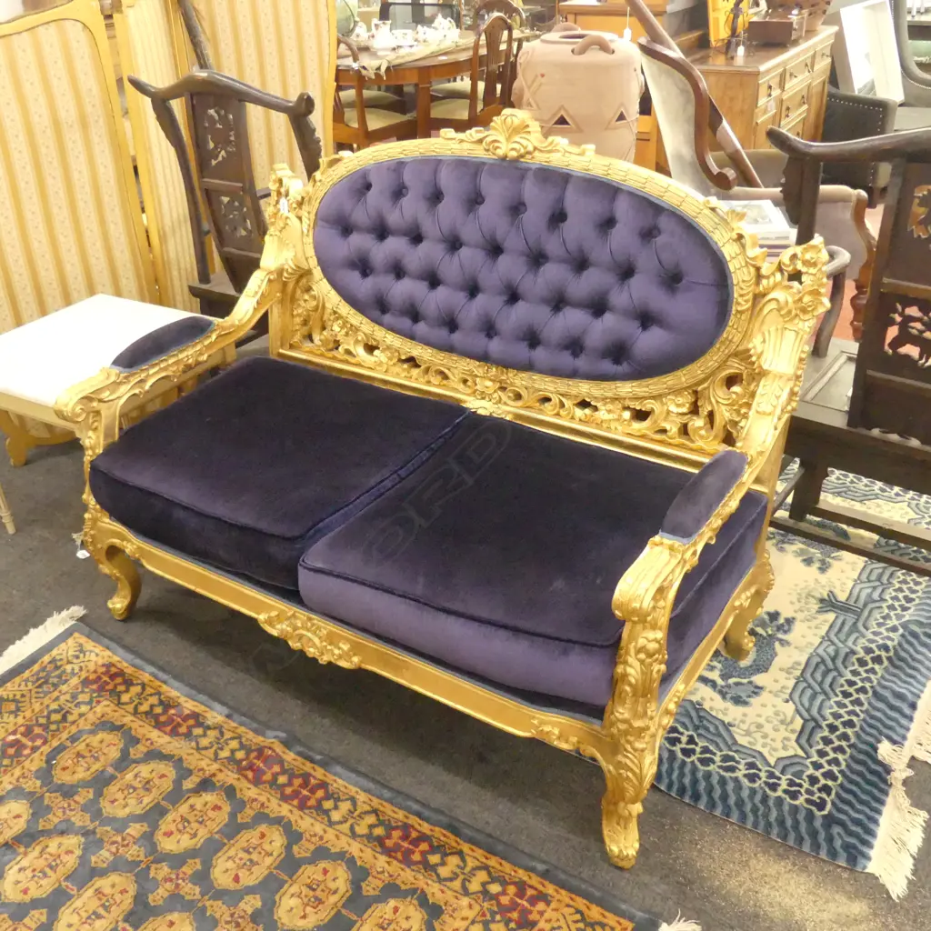 BLUE VELOUR FRENCH LOUIS XV STYLE GOLD SOFA W. 1320MM Image 1++