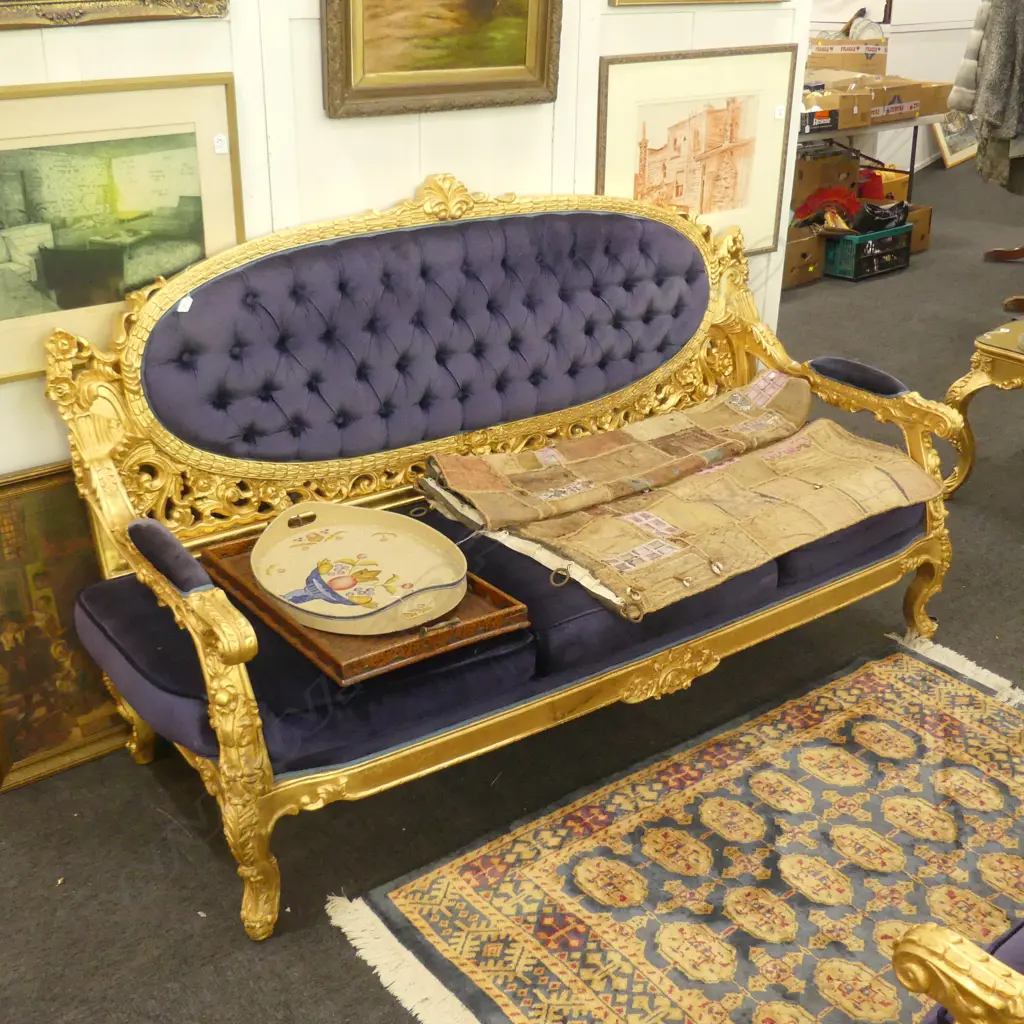 BLUE VELOUR FRENCH LOUIS XV STYLE GOLD SOFA W. 1820MM Image 1++