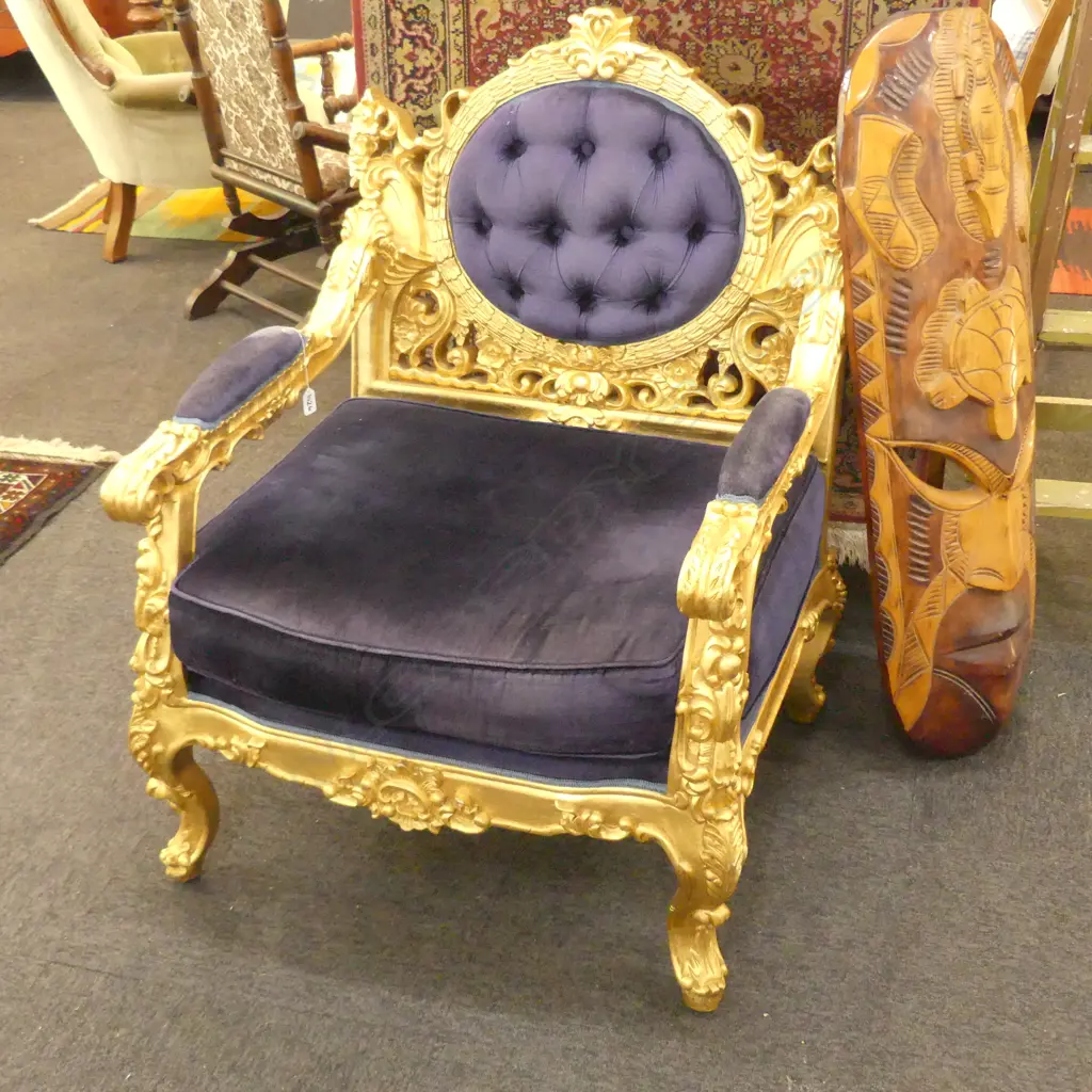 BLUE VELOUR FRENCH LOUIS XV STYLE GOLD ARMCHAIR W. 730MM Image 1++