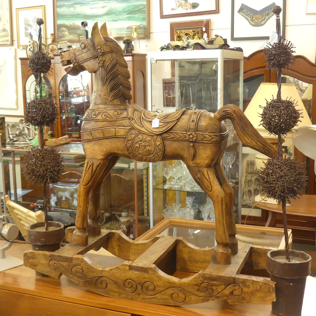 WOODEN CARVED ROCKING HORSE 940MM H 900MM L Image 1++