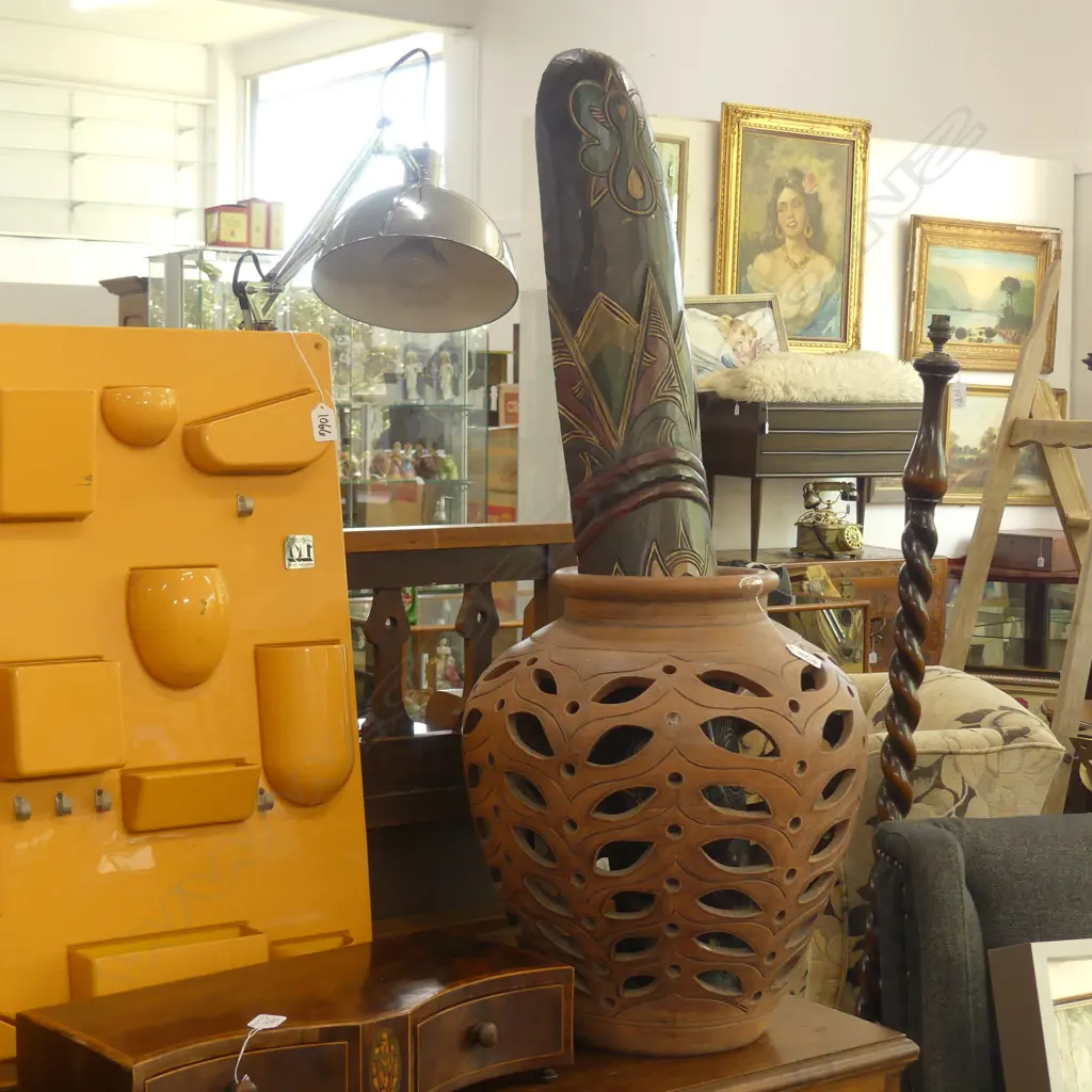 CARVED TRIBAL MASK + CERAMIC POT Image 1++