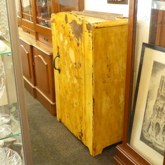 MID CENTURY SHELLACKED DISTRESSED WORKSHOP CABINET 