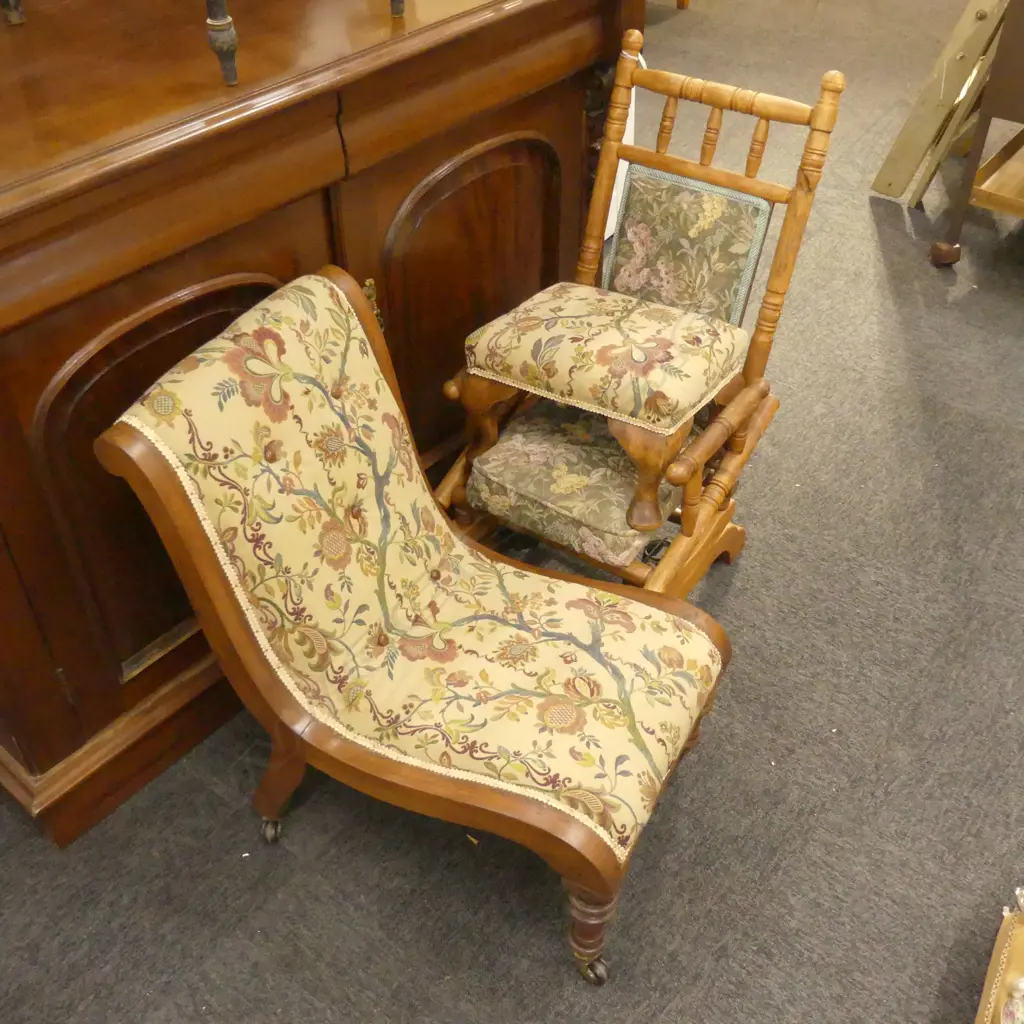VINTAGE CHILDS SLIPPER CHAIR, FOOTREST AND ROCKING CHAIR Image 1++