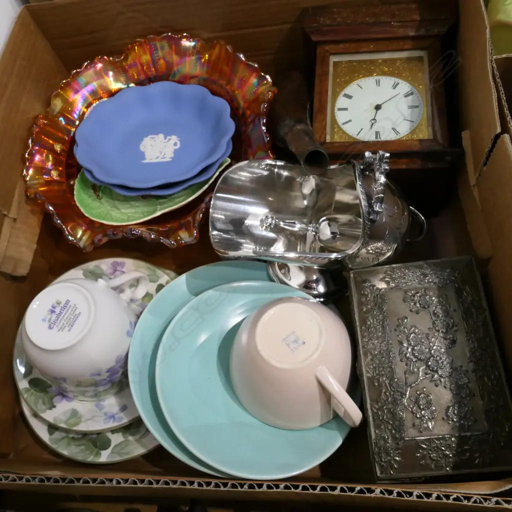 BOX LOT; POOLE TRIO, CARNIVAL GLASS, CLOCK, BOX, EP SUGAR SCOOP, WEDGWOOD ETC Image 1++
