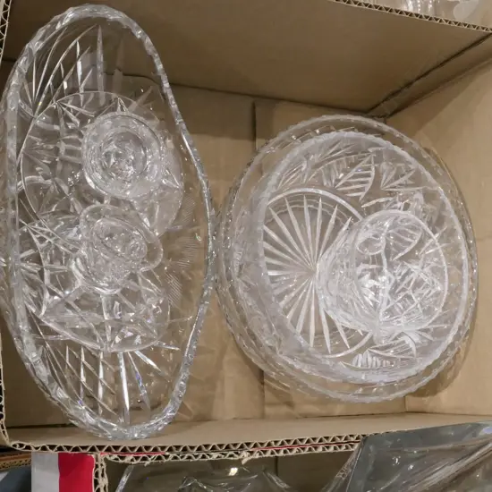 LOT ASST CRYSTAL + GLASSWARE INCL. STUART CANDLESTICKS