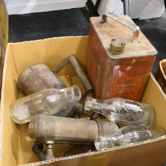 BOX LOT CALTEX TIN, BOTTLES AND PUMPS