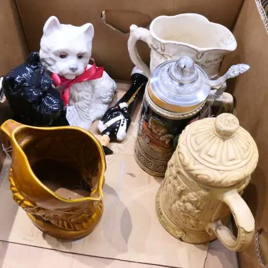 BOX LOT ASST. WHISKY JUGS, STEINS ETC