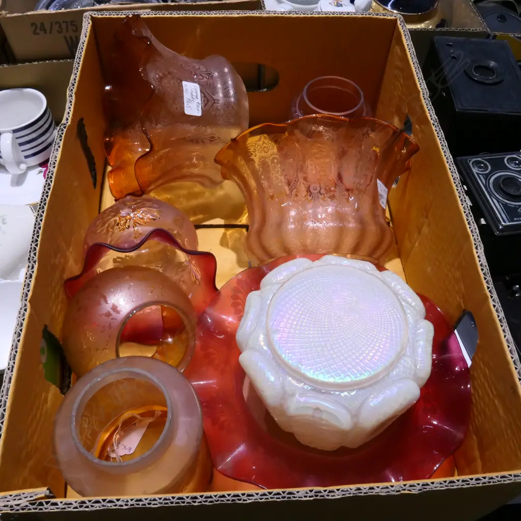 BOX LOT COLOURED VICTORIAN / EDWARDIAN SHADES INCL. PEARLESCENT SHADE Image 1++