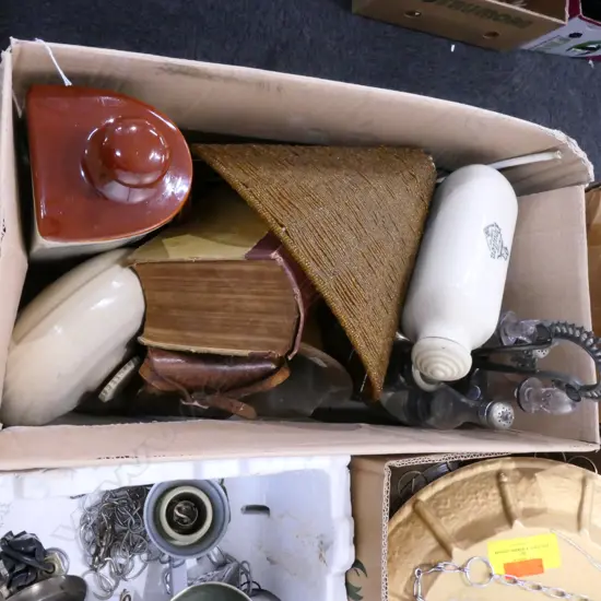 BOX LOT ASST. ITEMS, VICTORIAN CERAMIC WARMERS, BEADED LAMP SHADE, VICT. CRUET SET ETC