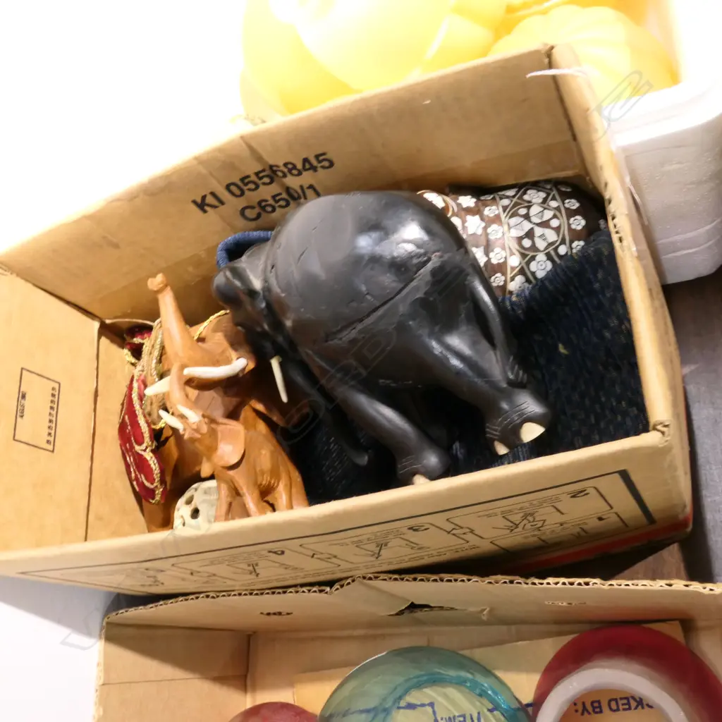 BOX LOT ELEPHANT RUG, ASST. ELEPHANTS, SPECTACLE CASES Image 1++