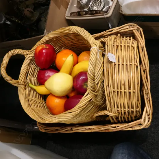 THREE CANE BASKETS, ARTIFICIAL FRUIT