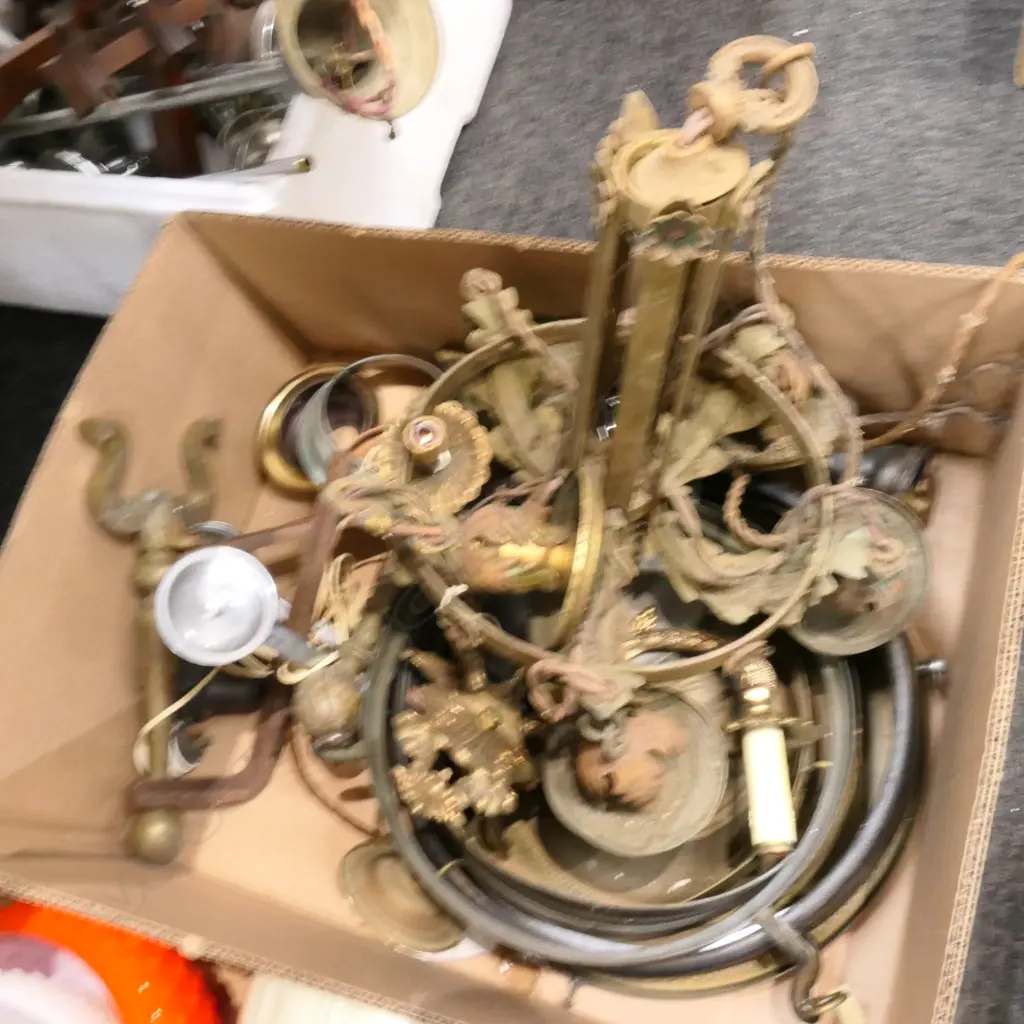 BOX LOT VINTAGE LIGHT FITTINGS, PR FIREDOGS & CHANDELIER Image 1++