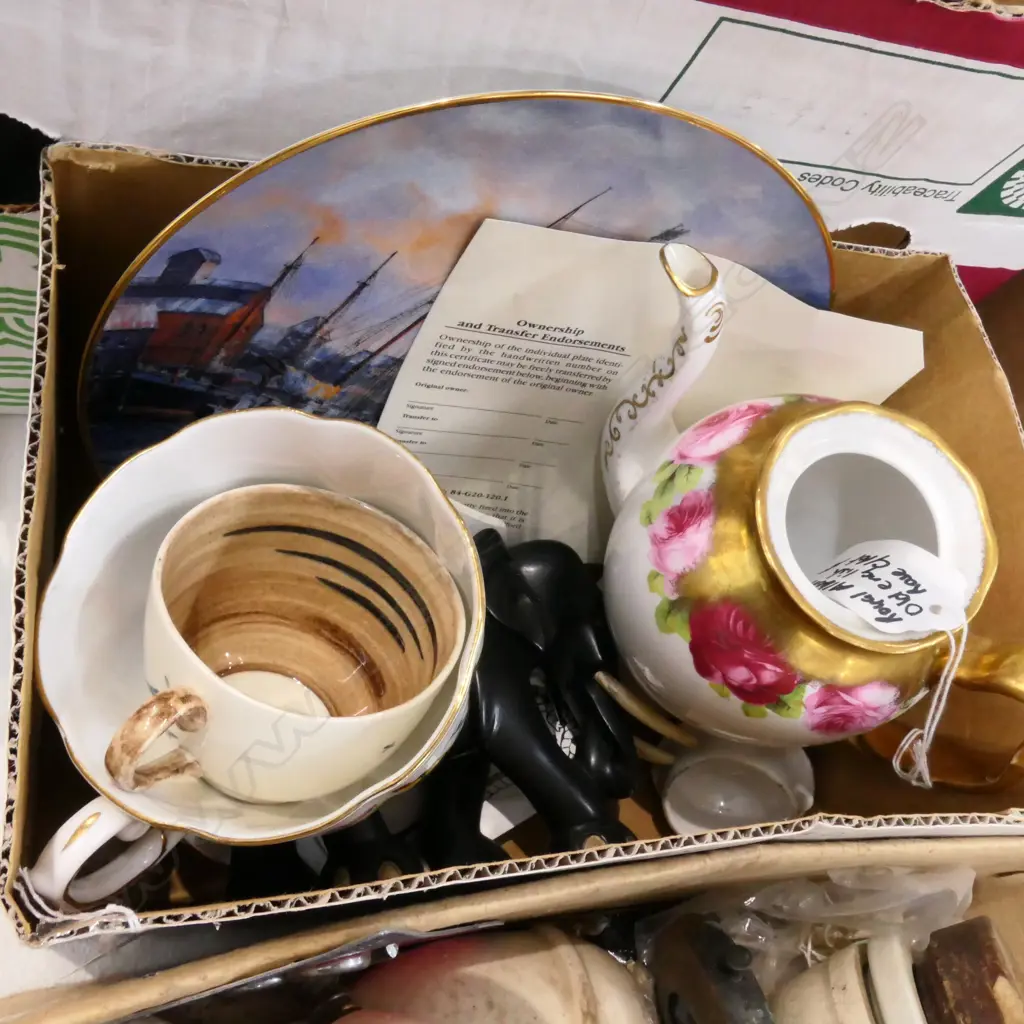 BOX LOT ROYAL ALBERT ROSES TEAPOT & CUP (LID DOES NOT FIT), ELEPHANT, PLATE AND CUP Image 1++