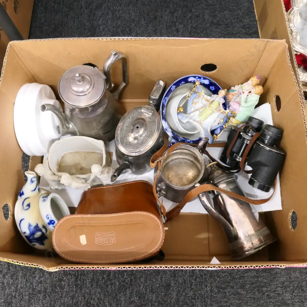 BOX LOT ASST. EPNS POTS, CHINA, BINOCULARS ETC Image 1++