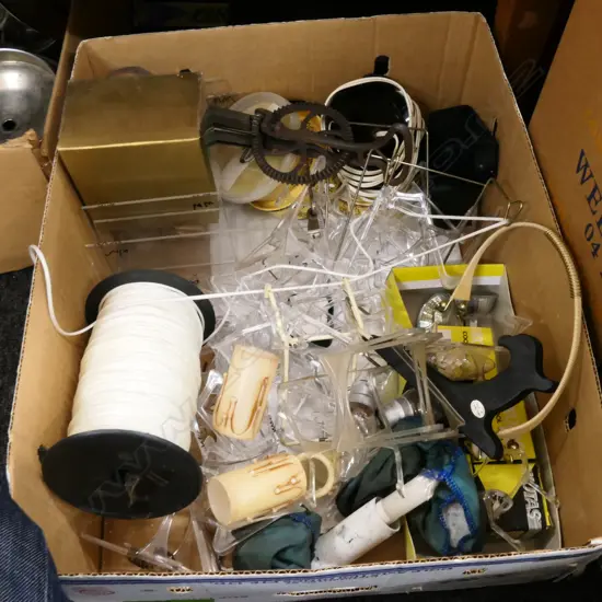 BOX LOT ASST. PLATE STANDS, FURNITURE WAX ETC