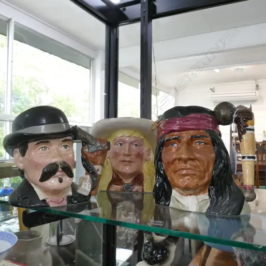 3 R. DOULTON WILD WEST COLLECTION CHARACTER JUGS; GERONIMO, ANNIE OAKLEY, DOC HOLLIDAY