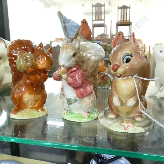 3 BESWICK SQUIRREL FIGURINES; BEATRIX POTTER TIMOTHY TIPTOES; SQUIRREL NUTKIN, HAZEL NUT 