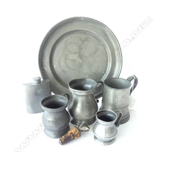 FIVE PEWTER PIECES, PLATE, FLASK &  3 TANKARDS + GIN STOPPER