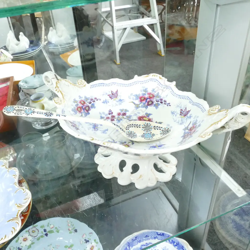 RIDGWAY 'JAPAN FLOWERS STONE CHINA' PIERCED FOOTED COMPORT AF OLD REPAIR + TIN SERVING SPOON Image 1++