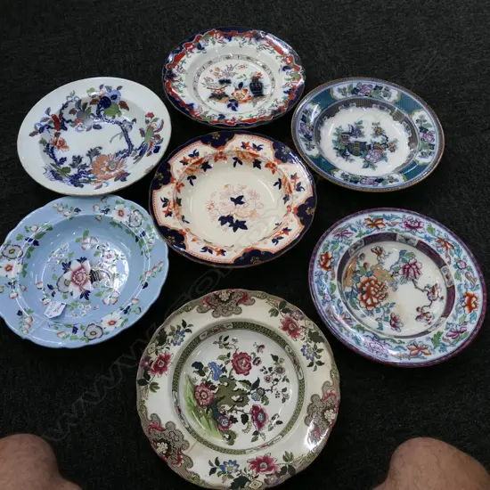 7 VICTORIAN SOUP PLATES 260MM DIA; MASONS, MINTON ETC