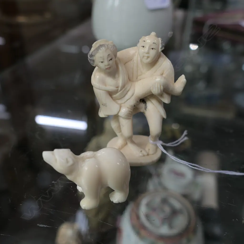 EROTIC IVORY JAPANESE FIGURES 60MM H AND POLAR BEAR Image 1++