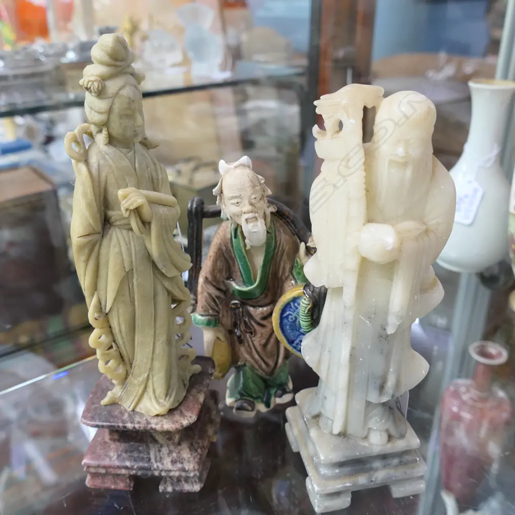2 ORIENTAL SOAPSTONE FIGURES + ONE CERAMIC H 220 MM Image 1++