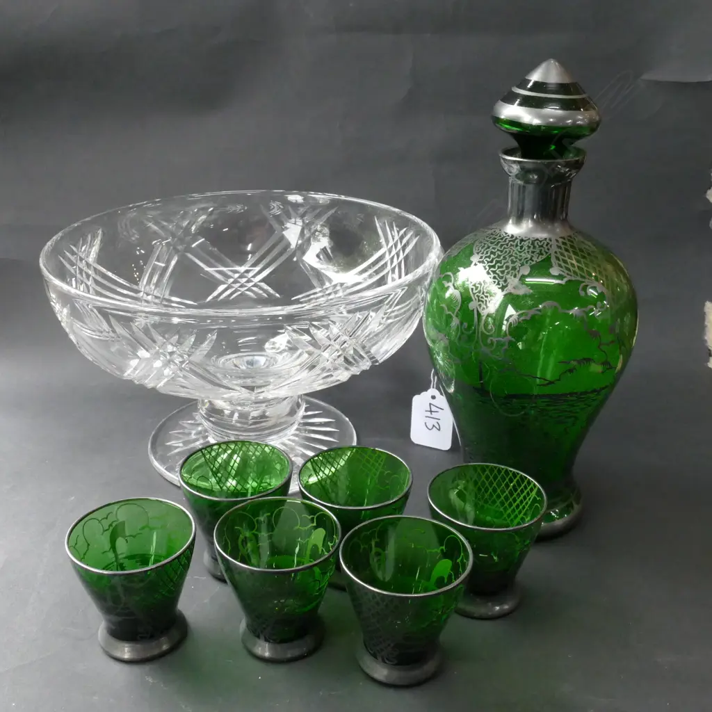 STUART FOOTED BOWL + VENETIAN GLASS DECANTER + GLASSES Image 1++