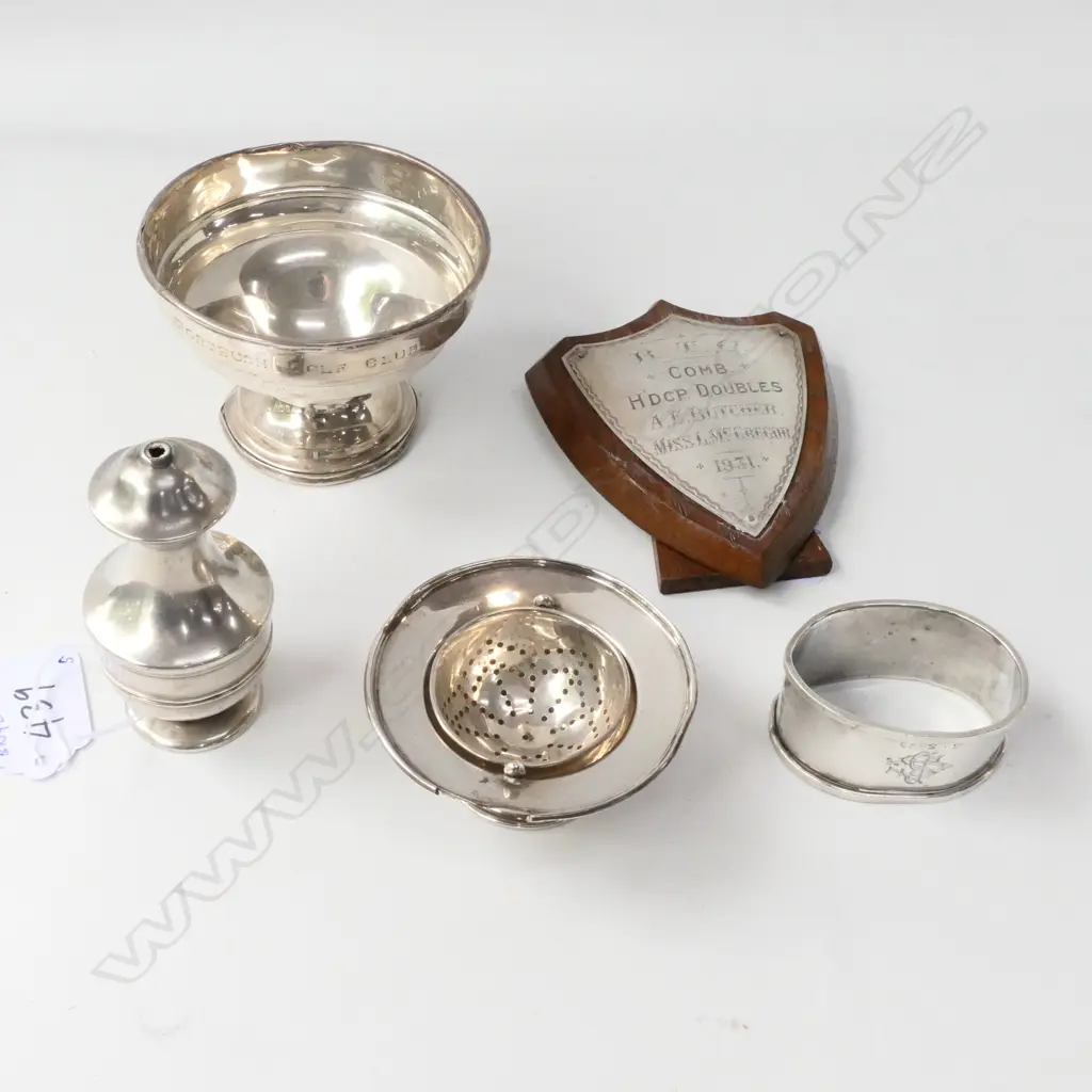 ASST STG ITEMS: TEASTRAINER / NAPKIN RING / BOWL / SALT SHAKER / TROPHY SHIELD BIRMINGHAM 1914 ETC Image 1++