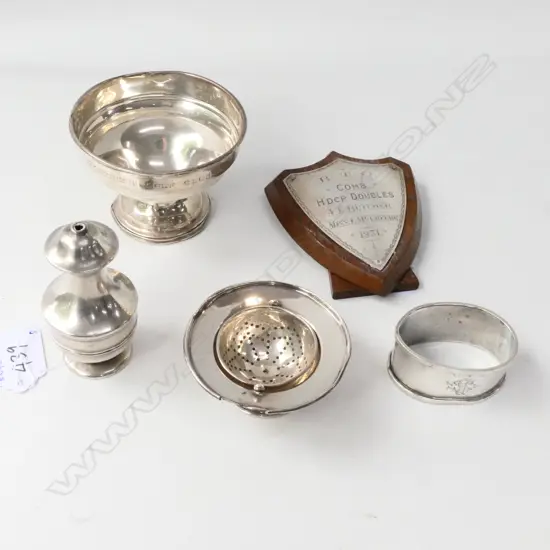 ASST STG ITEMS: TEASTRAINER / NAPKIN RING / BOWL / SALT SHAKER / TROPHY SHIELD BIRMINGHAM 1914 ETC
