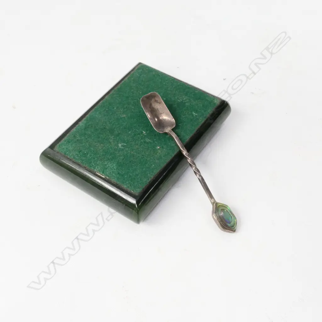 SILVER INLAID KIWI ON GREENSTONE + PAUA INLAID SALT SPOON Image 1++